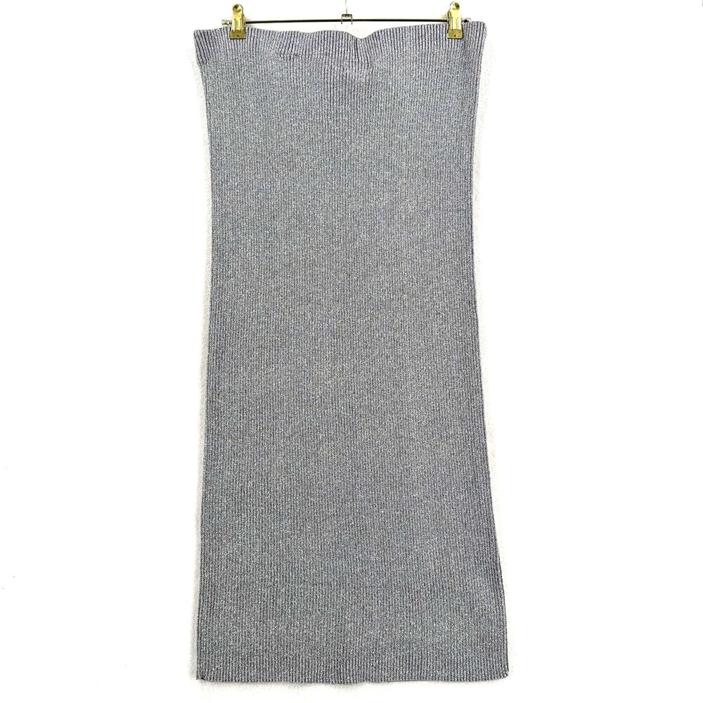 H&M Silver Metallic Ribbed Knit Midi Skirt L Stretch Pull On Party Holiday Rave